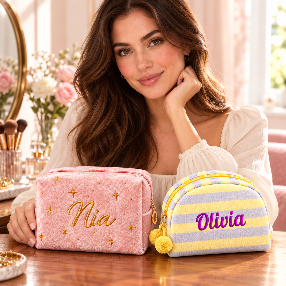 Adult model with personalized star velvet and candy stripe makeup bags from the Made for You collection.