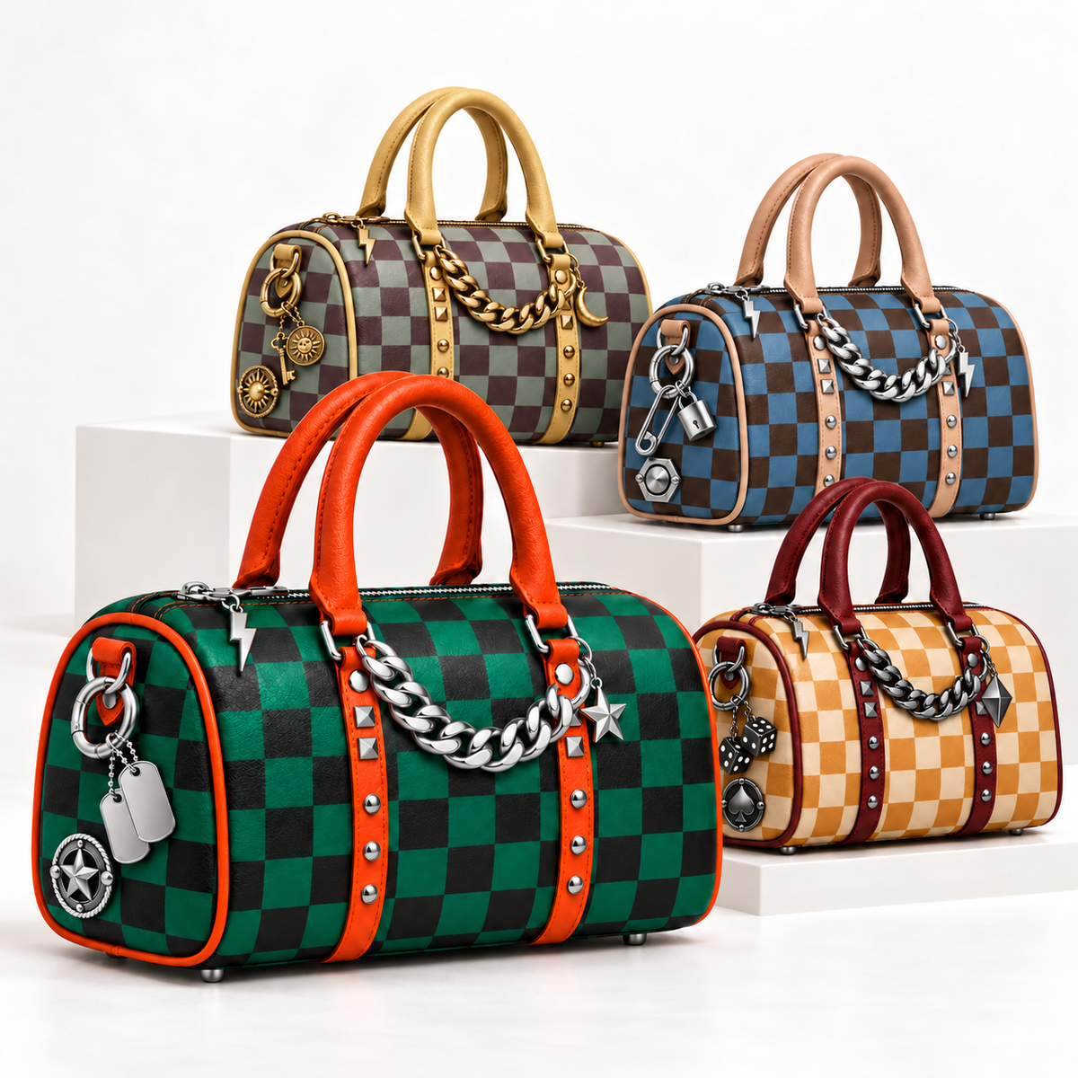 Four OVWQT Remix checkerboard charm bag colorways with contrasting handles and metal details.