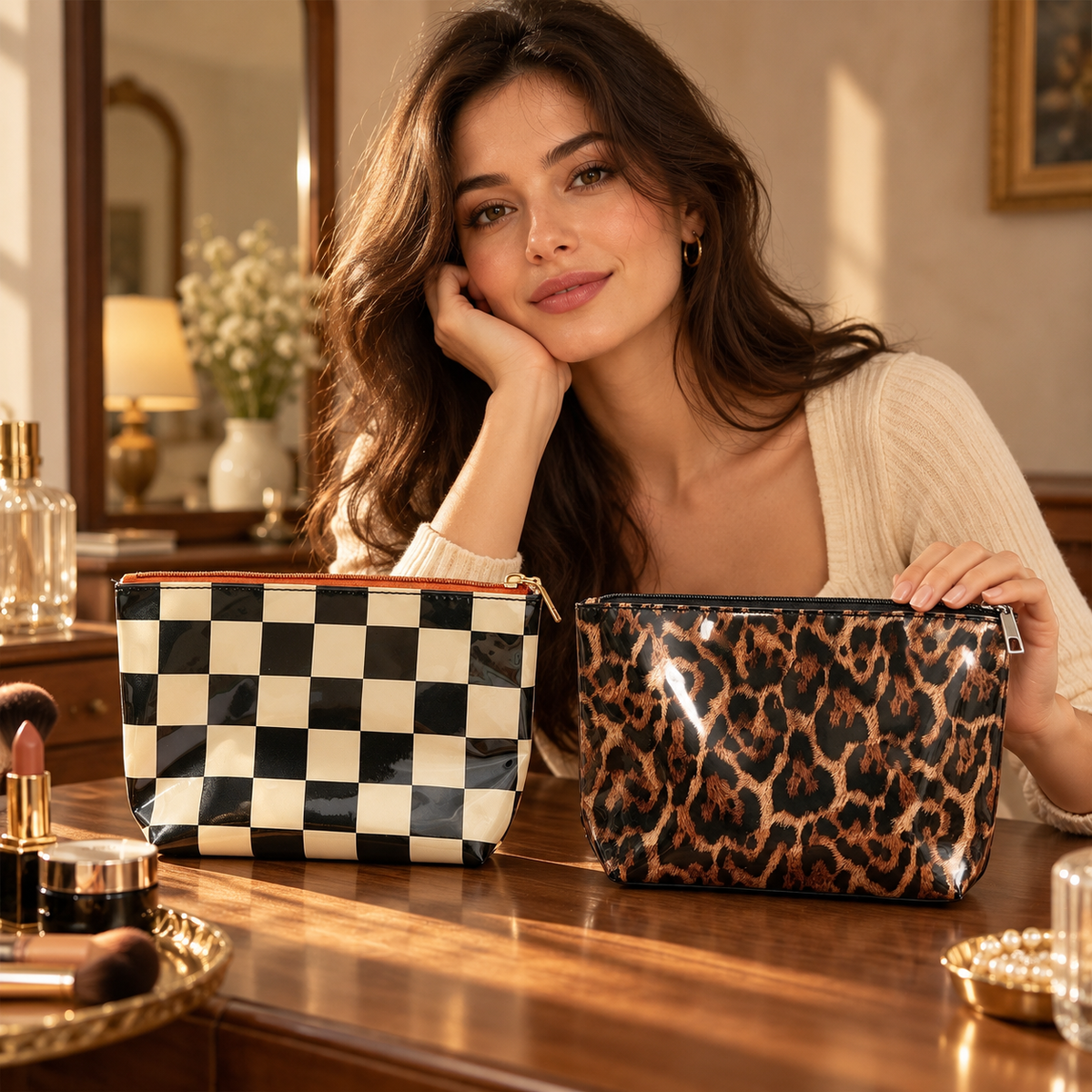 Adult model with glossy black-and-cream checkered and brown leopard-print PVC makeup bags.