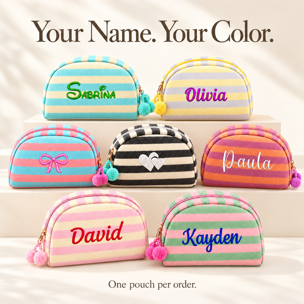 Seven striped makeup pouch colors with embroidered name and motif examples; one pouch per order.