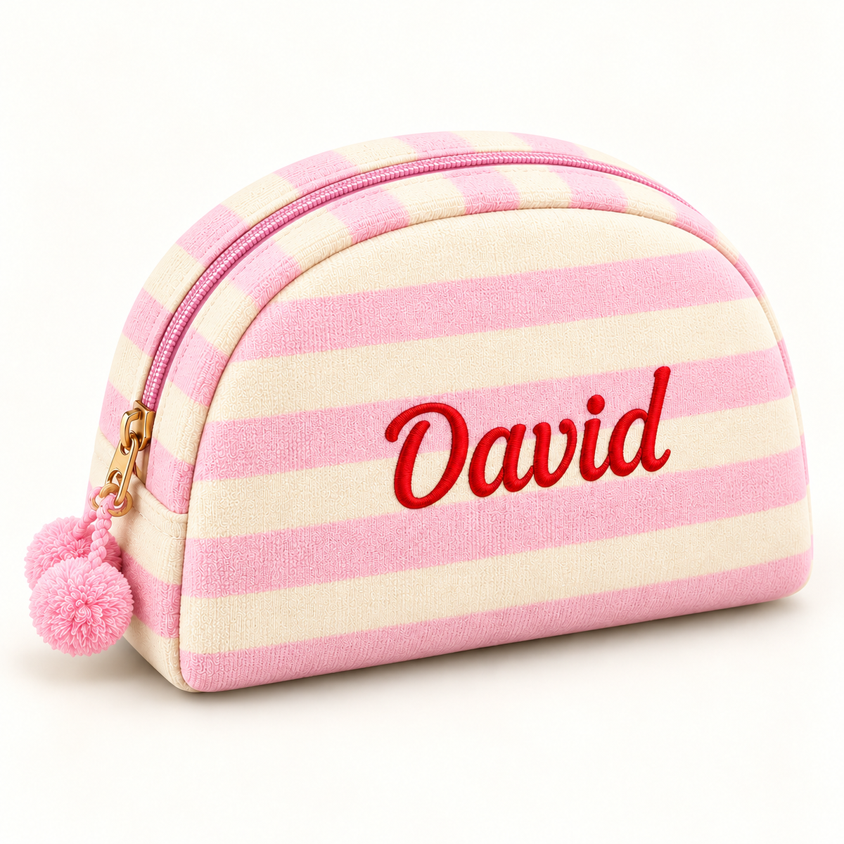 Pink & Cream striped makeup pouch with embroidered personalization example and pom-pom zipper detail.