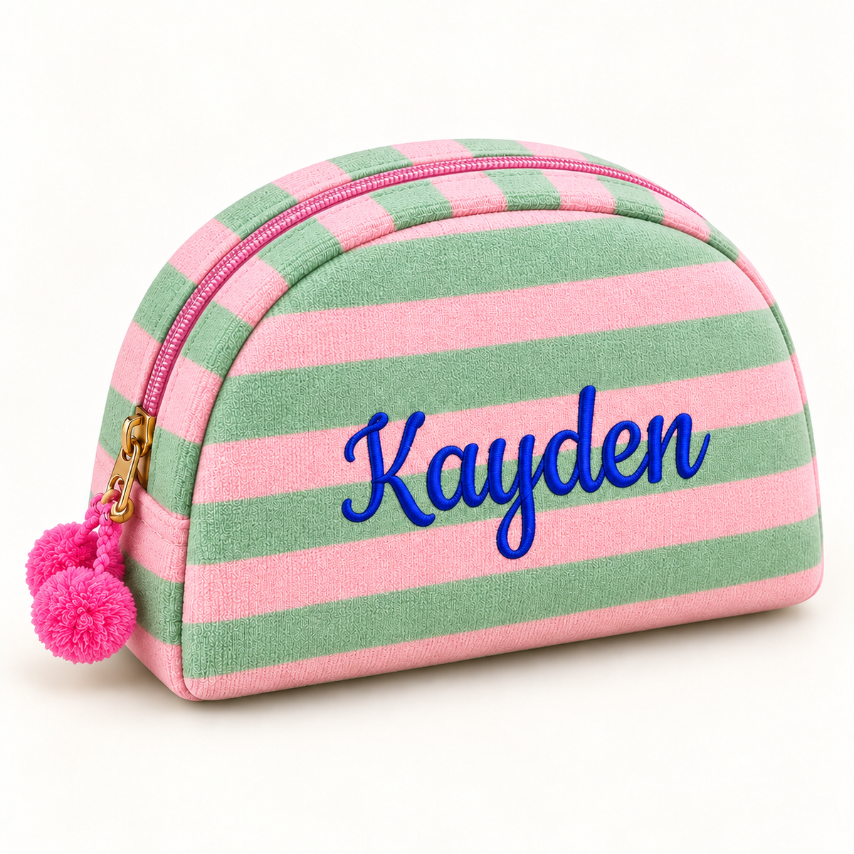 Sage & Pink striped makeup pouch with embroidered personalization example and pom-pom zipper detail.