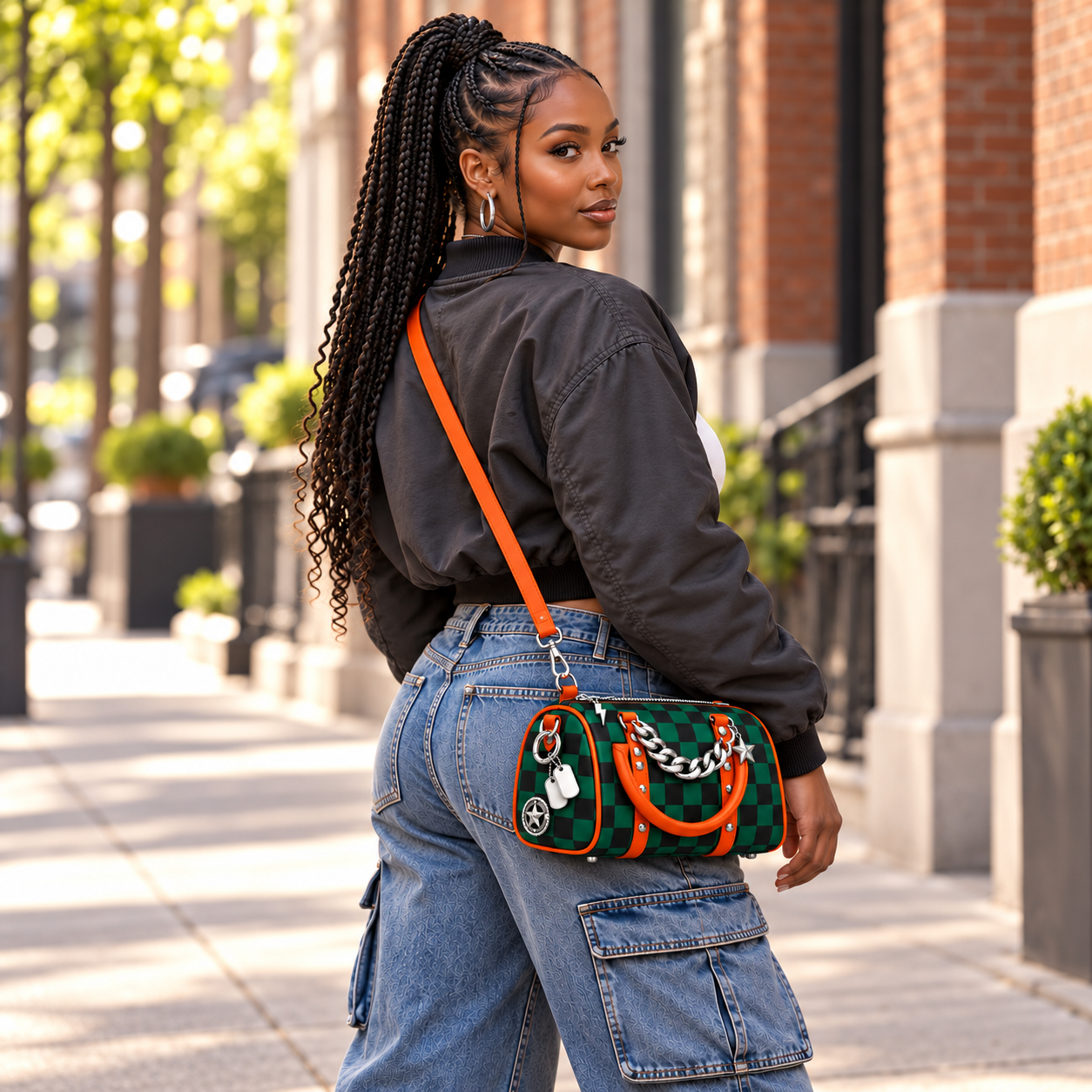 Adult model wearing the green and orange checkerboard charm bag crossbody on a city street.