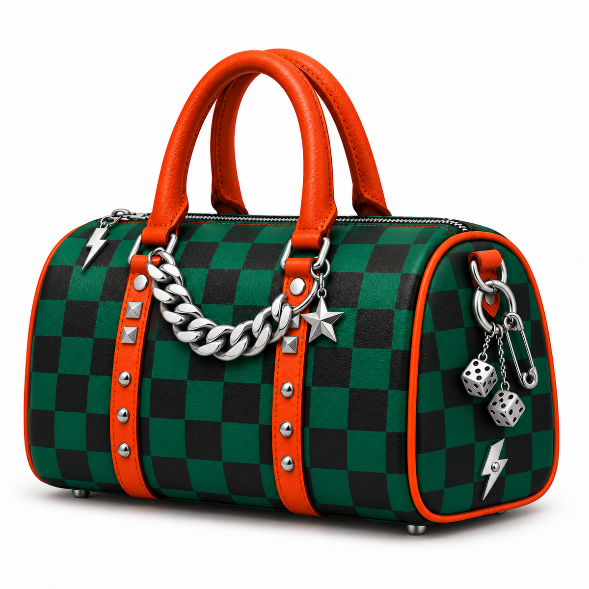 Right side of the green checkerboard bag with silver dice, safety-pin charm and lightning detail.