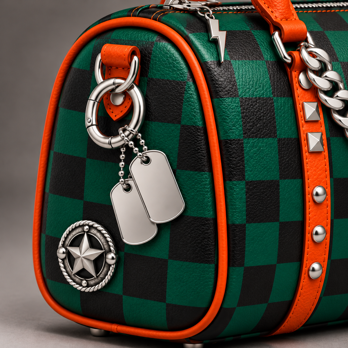 Close-up of the silver Cuban chain, dog-tag charms, star badge and orange trim.