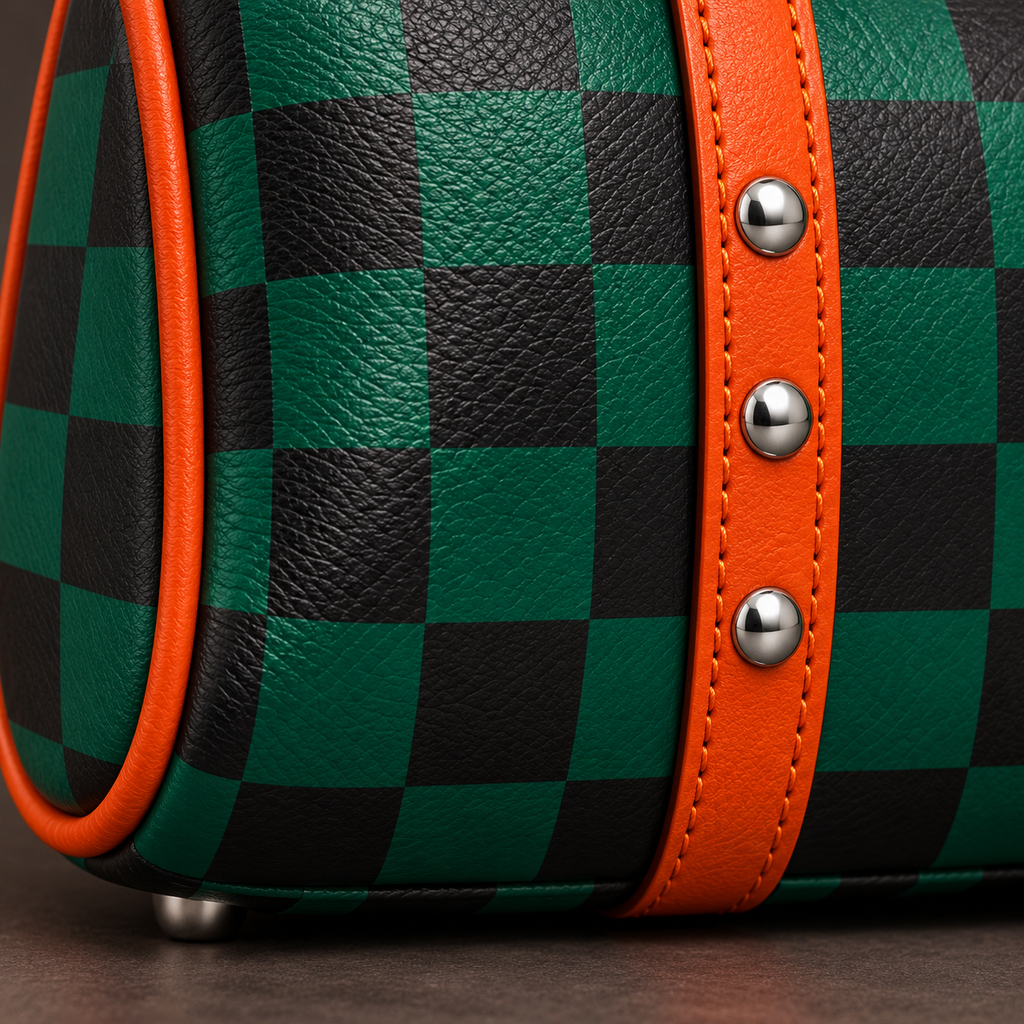 Close-up of the textured green checkerboard finish, orange stitching, trim and silver studs.
