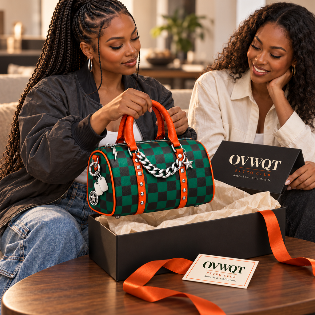 Two adult friends gifting the green checkerboard charm bag with OVWQT branded packaging.