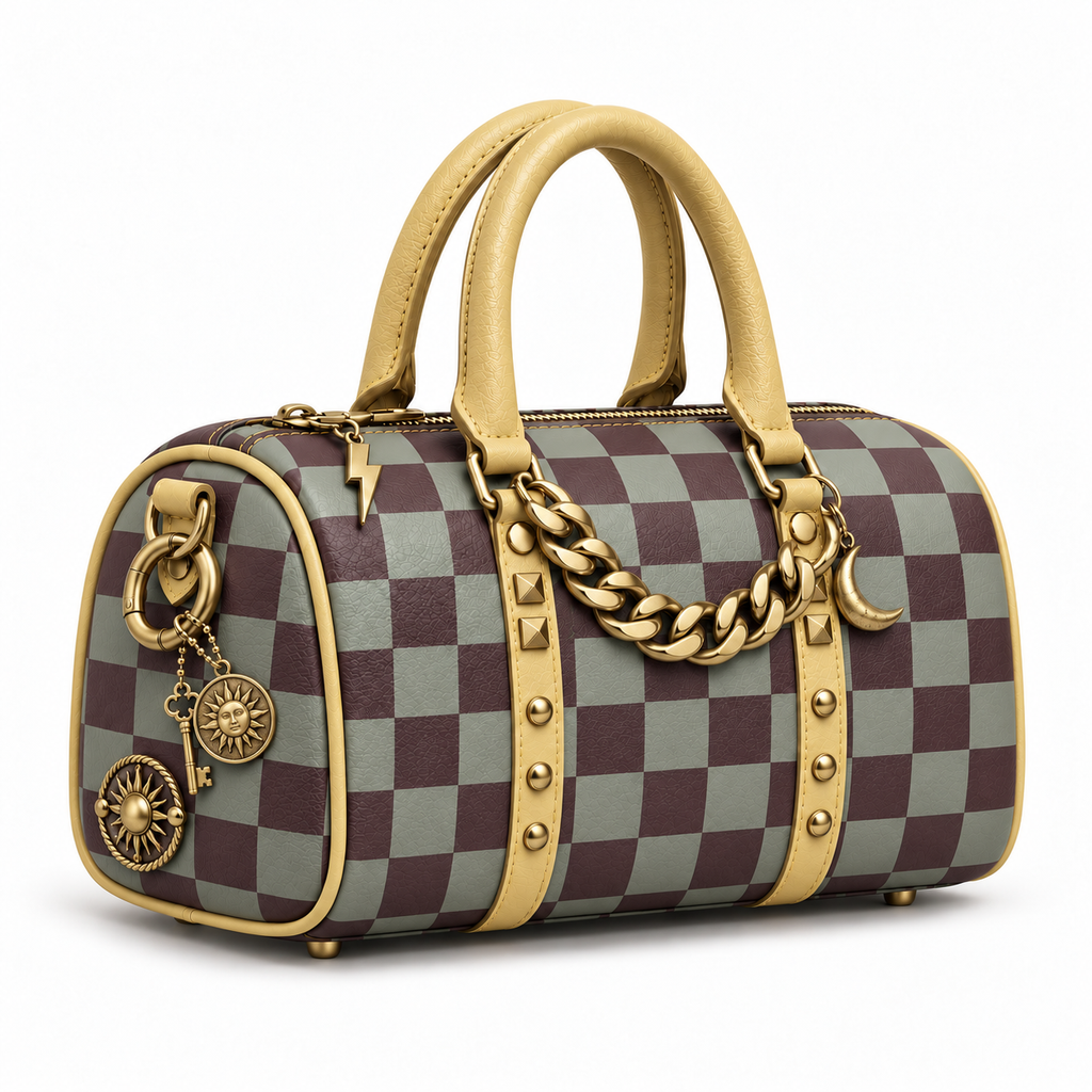Wine and sage checkerboard bag with butter-yellow handles, antique-gold chain, moon, sun and key charms.