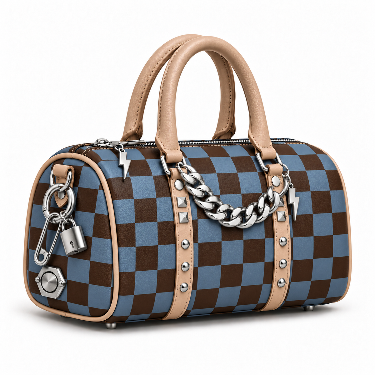 Denim-blue and cocoa checkerboard bag with almond handles, silver chain, padlock and safety-pin charms.