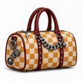 Honey and cream checkerboard bag with oxblood handles, dark metal chain, dice and spade charms.