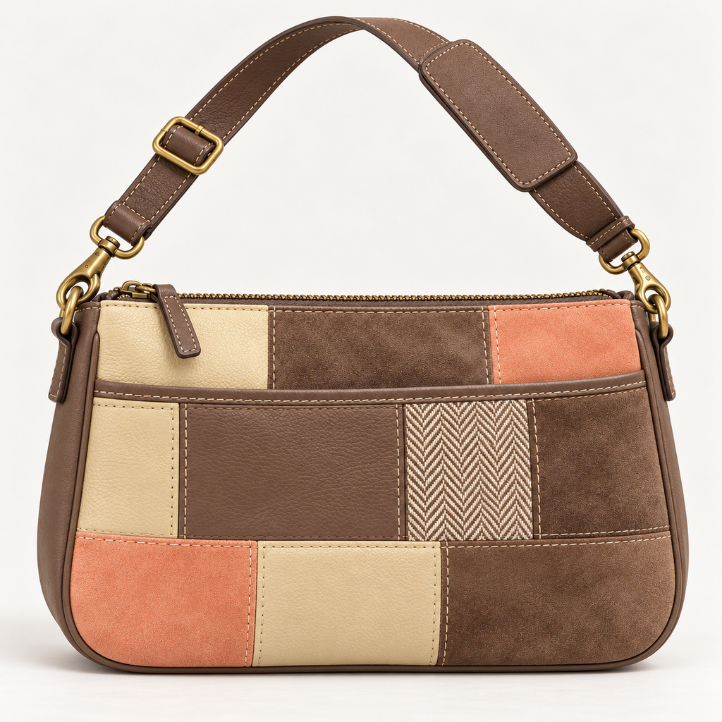 Front view of a taupe, apricot and cream patchwork crossbody bag with an adjustable shoulder strap.