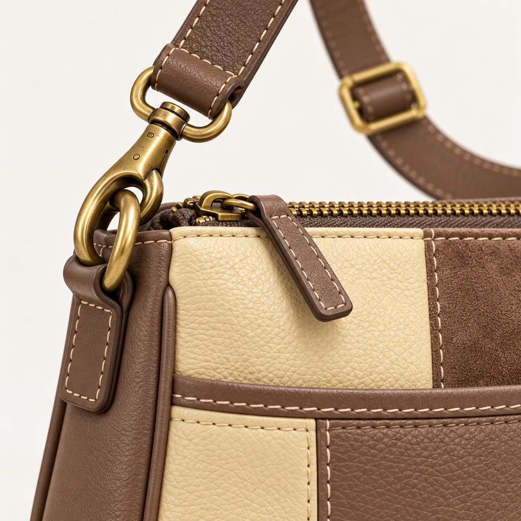 Close-up of an antique brass-tone swivel clasp, zipper and adjustable taupe strap with cream contrast stitching.