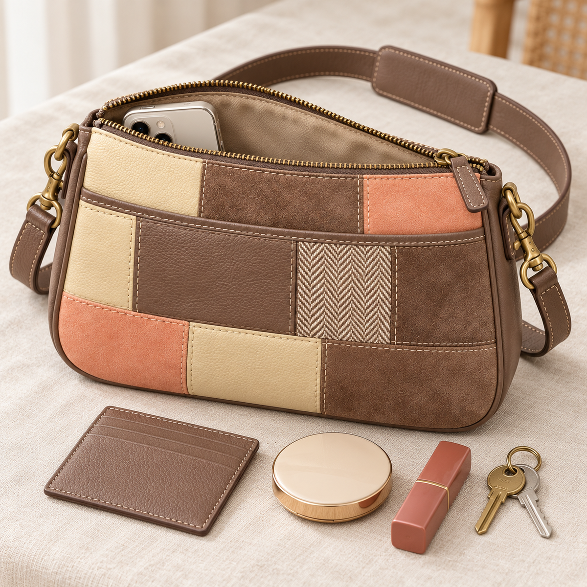 Patchwork crossbody bag with its top zipper open beside a card wallet, compact, lipstick and keys, with a phone partly inside. Accessories shown for illustration.