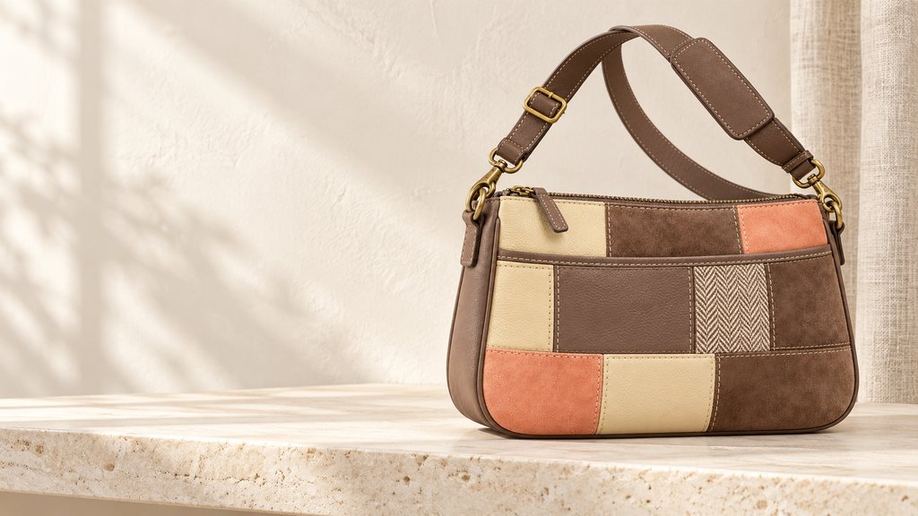 Patchwork crossbody bag displayed on an ivory stone shelf with open space on the left.