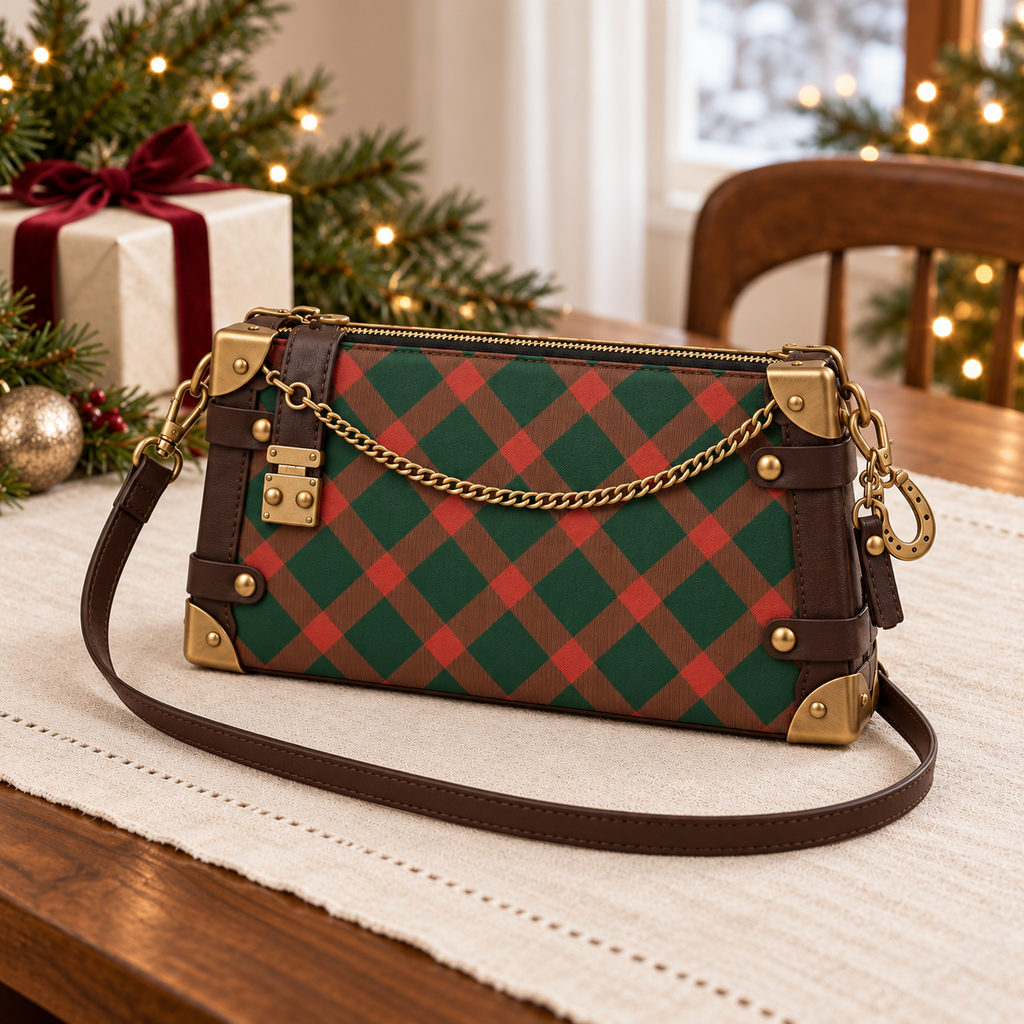 Forest green and brown diamond-pattern shoulder bag with brass-tone hardware and a horseshoe charm on an ivory linen table with Christmas greenery.