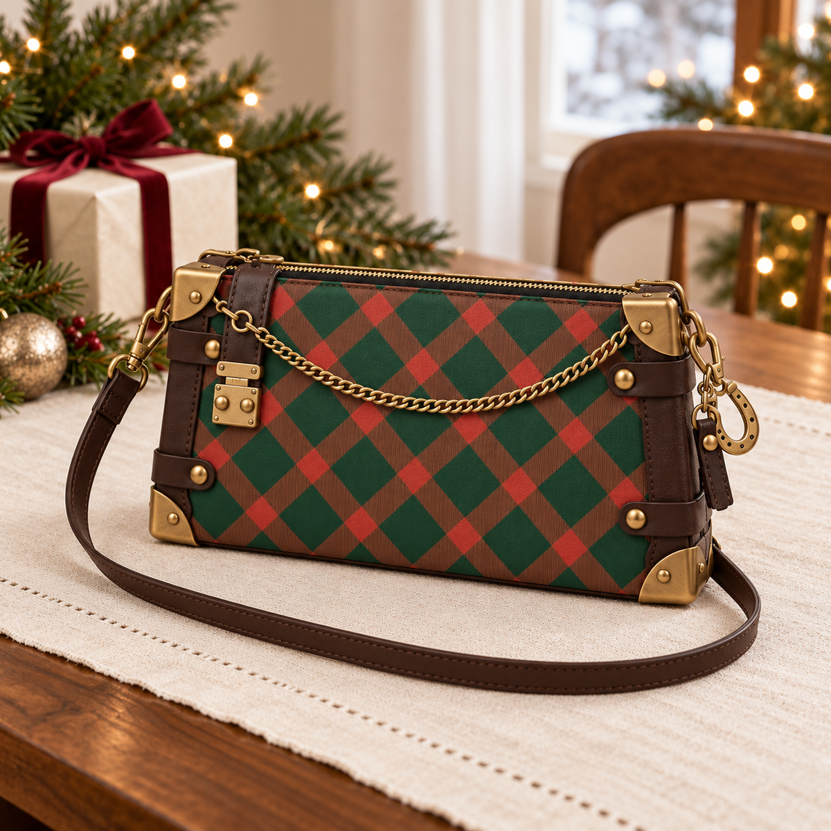 Forest green and brown diamond-pattern shoulder bag with brass-tone hardware and a horseshoe charm on an ivory linen table with Christmas greenery.