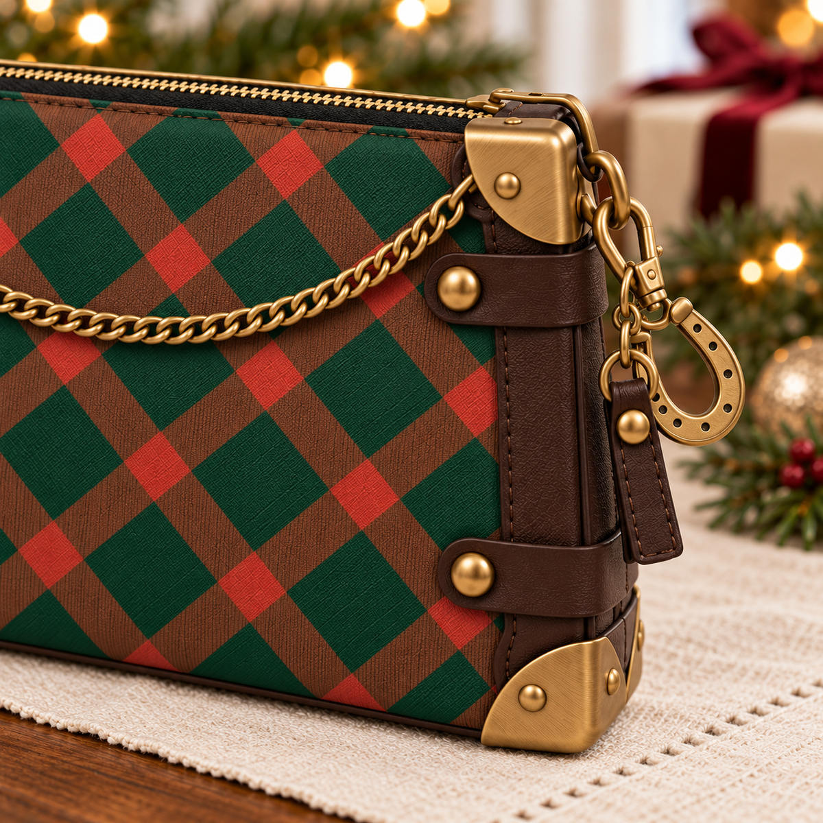 Close-up of the forest green bag's brass-tone chain, corner guard, zipper, horseshoe charm and patterned surface in a Christmas setting.