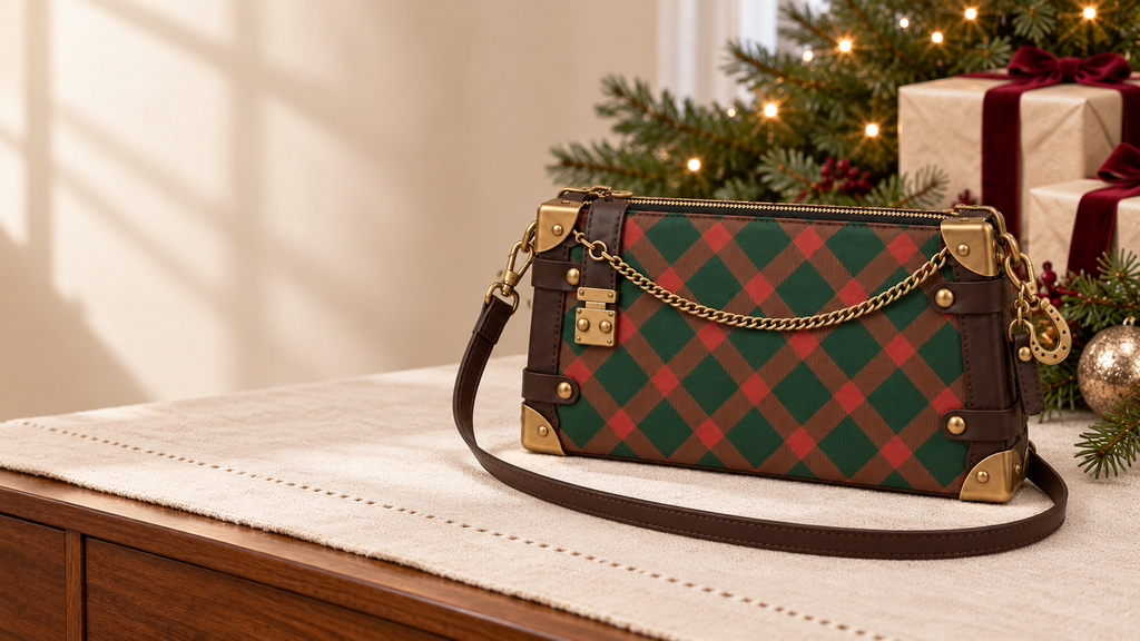 Wide Christmas gift scene with a forest green and brown shoulder bag on the right and open space on the left.