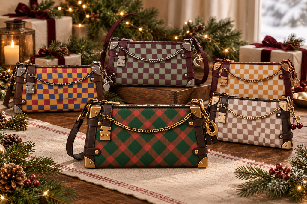 Five shoulder bag colors in a Christmas display, with the forest green and brown diamond-pattern bag featured in the foreground.