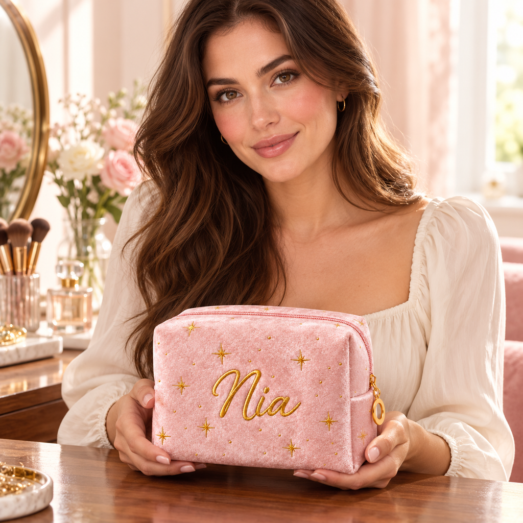 Adult model holding the personalized blush pink star velvet makeup bag.