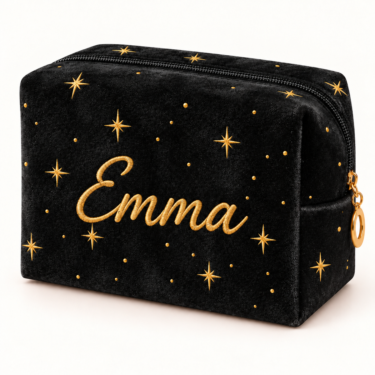 Black personalized star velvet makeup bag with gold name embroidery.